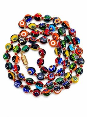 Italian Millefiori Glass Bead Necklace Hand Knotted 28 inch